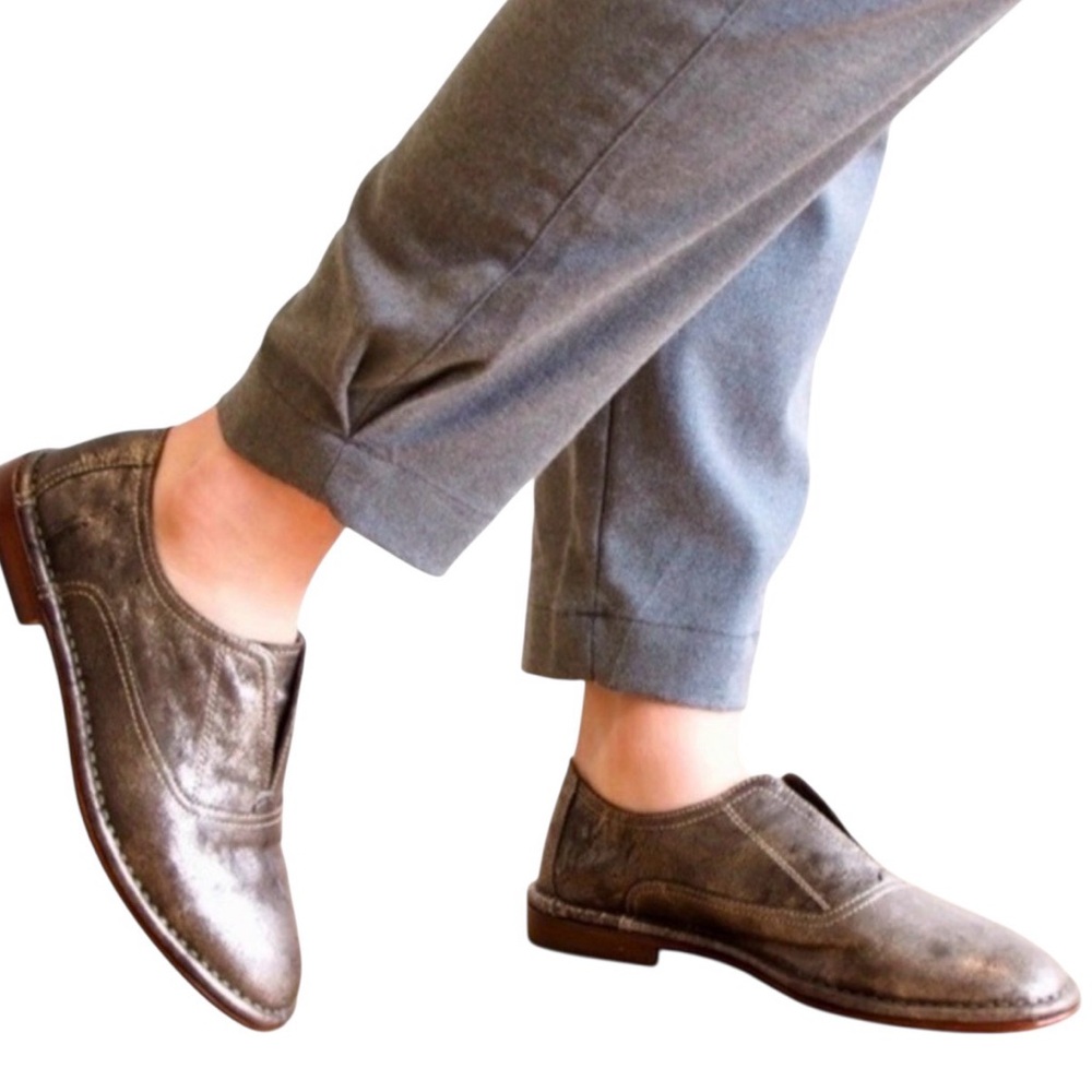 TRASK Avery Laceless Mantailored Flat Pewter Leather Shoes SlipOn Oxford 7.5 NEW